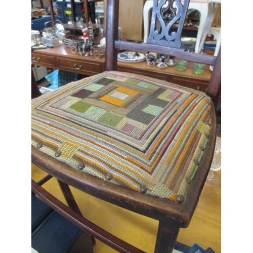 133 - AN EDWARDIAN WALNUT INLAID BEDROOM CHAIR WITH HAND WORKED TAPESTRY SEAT