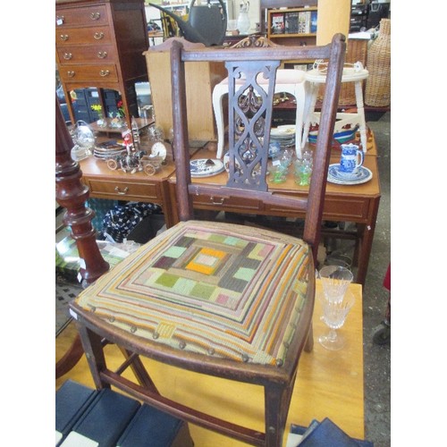 133 - AN EDWARDIAN WALNUT INLAID BEDROOM CHAIR WITH HAND WORKED TAPESTRY SEAT