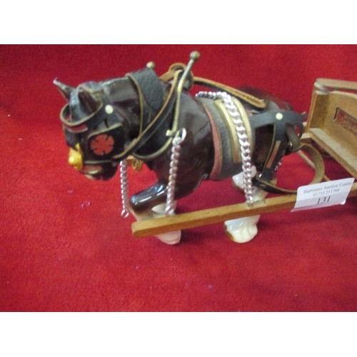 131 - A PAIR OF SHIRE/HEAVY HORSE ORNAMENTS, WITH HAND-MADE WOODEN CARTS.