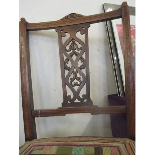 133 - AN EDWARDIAN WALNUT INLAID BEDROOM CHAIR WITH HAND WORKED TAPESTRY SEAT