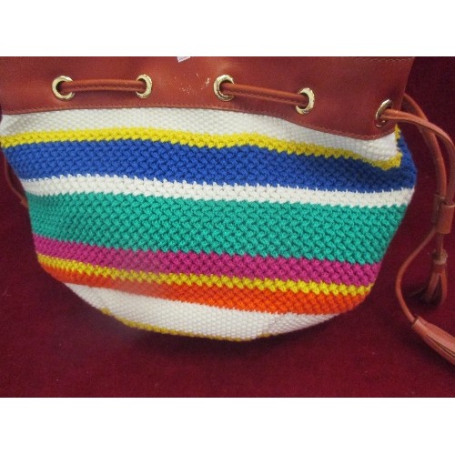 153 - 'UGG'. CROCHETED BAG. BRIGHT COLOURED CROCHET. APPEARS NEW.