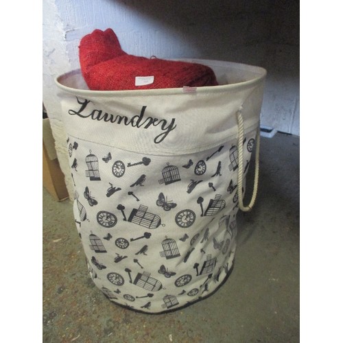 171 - CANVAS LAUNDRY BAG FULL OF THROWS. CHENILLE ETC.