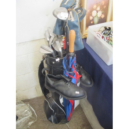 180 - FULL GOLF KIT. INCLUDES CLUBS, BAG, TROLLEY, BROLLY, SHOES ETC. READY TO GO!