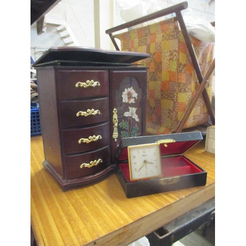 223 - VINTAGE SUMMY ALARM CLOCK AND JEWELLERY BOX AND A FURTHER JEWELLERY CABINET WITH BEAD NECKLACES