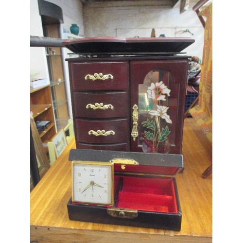 223 - VINTAGE SUMMY ALARM CLOCK AND JEWELLERY BOX AND A FURTHER JEWELLERY CABINET WITH BEAD NECKLACES