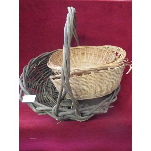 234 - LOVELY VINTAGE CIRCULAR BASKET WITH HANDLE. CONTAINS 3 OTHER BASKETS.