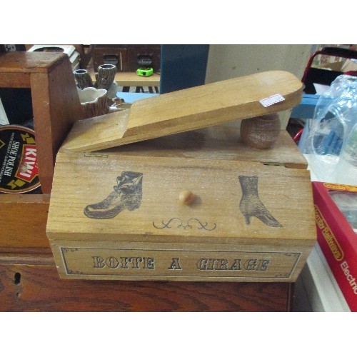 236 - 2 VINTAGE WOODEN SHOE-SHINE BOXES WITH POLISH AND BRUSHES.