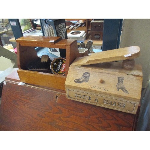 236 - 2 VINTAGE WOODEN SHOE-SHINE BOXES WITH POLISH AND BRUSHES.