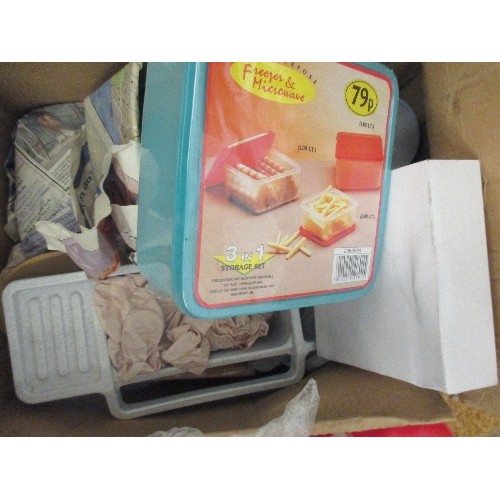 185 - 3 BOXES OF MIXED KITCHENALIA & ORNAMENTS.. CANNISTERS, UTENSILS ORNAMENTS ETC.