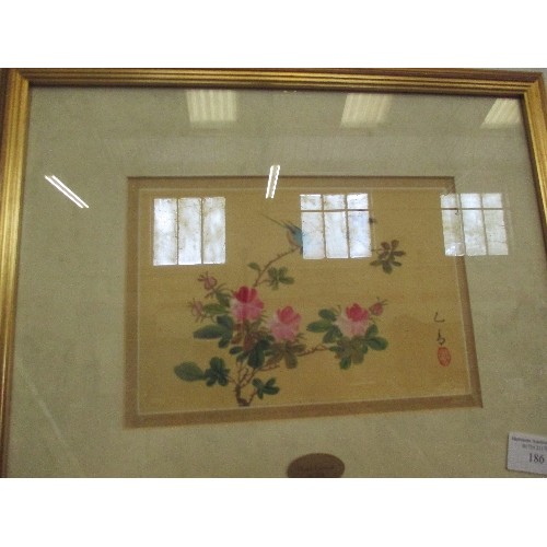 186 - ORIENTAL HAND PAINTED ON SILK. FRAMED PICTURE OF FLOWERS & BIRDS.