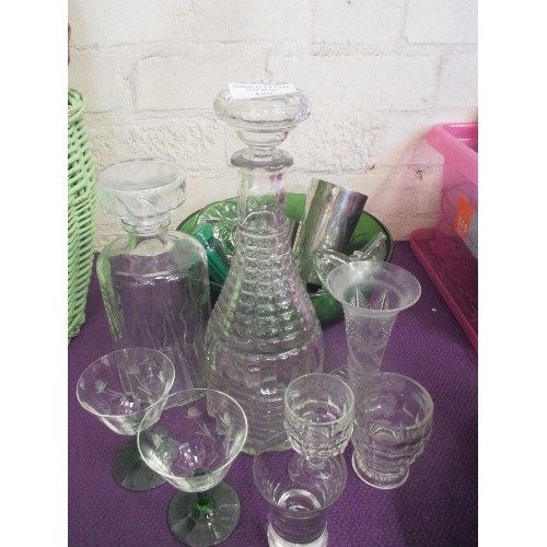 189 - VINTAGE GLASS ITEMS, DARK GREEN AND ALSO CLEAR. INCLUDES 2 DECANTERS WITH STOPPERS.