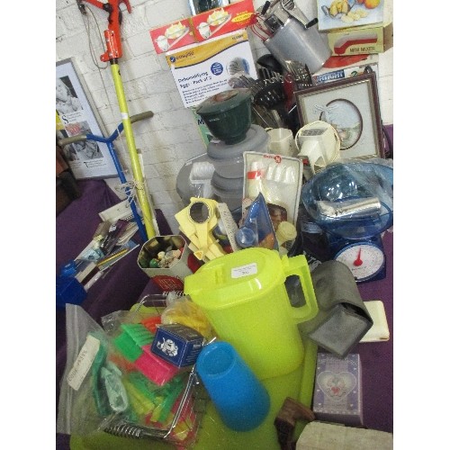 201 - LARGE LOT OF MIXED KITCHENALIA/HOUSEHOLD ITEMS. INCLUDES HAND MIXERS, PEGS, PICNIC, MANY NEW/PACKAGE... 