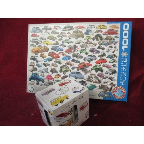 204 - VW VOLKSWAGON LOT. A CAMPER VAN MUG[BOXED] & 'WHATS YOUR BUG' VW BEETLE 1000 PIECE PUZZLE'.