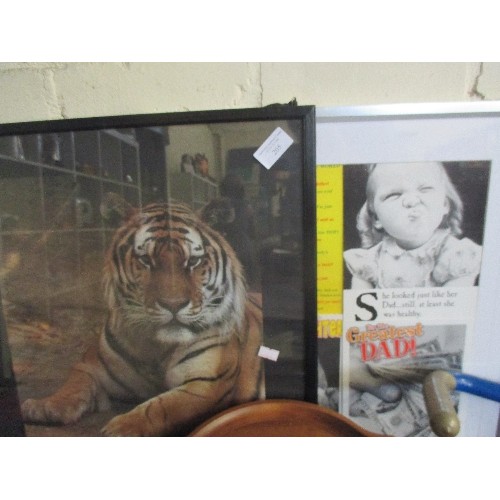 205 - FRAMED TIGER PICTURE, ALSO FRAMED 'WORLDS GREATEST DAD' PICTURES.