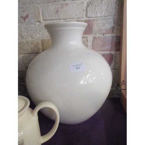 208 - CERAMIC LOT, INCLUDES LARGE WHITE VASE & TEAPOTS.