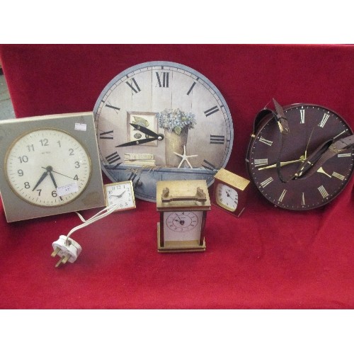 250 - 6 CLOCKS, INCLUDES A RETRO METAMEC WALL CLOCK, AND 2 SMALL CARRIAGE CLOCKS.