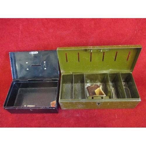 251 - 2 VINTAGE CASH TINS, AND A CARVED LIDDED WOODEN BOX THAT HAS 6 SEPARATE COMPARTMENTS.