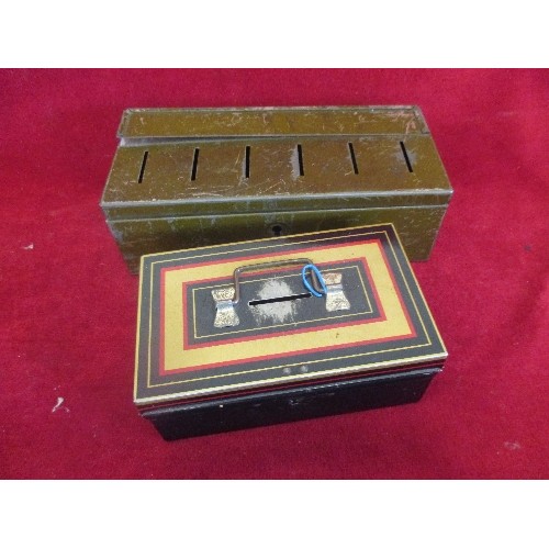 251 - 2 VINTAGE CASH TINS, AND A CARVED LIDDED WOODEN BOX THAT HAS 6 SEPARATE COMPARTMENTS.