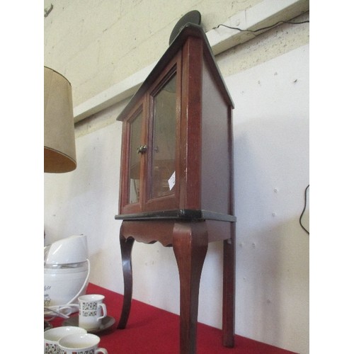 261 - SMALL FREE-STANDING GLASS CORNER CABINET ON CABRIOLE LEGS.