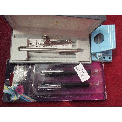 214 - STATIONERY ITEMS. PARKER PENS[BOXED] INDEX BOX, HOLE PUNCH, NOTE PADS ETC.