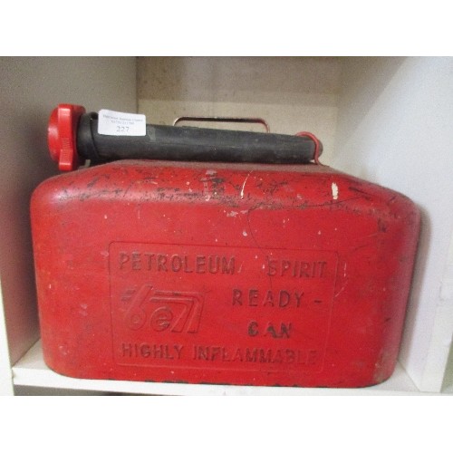 227 - LARGE VINTAGE RED PETROL CAN. GOOD CONDITION. COMPLETE WITH NOZZLE.