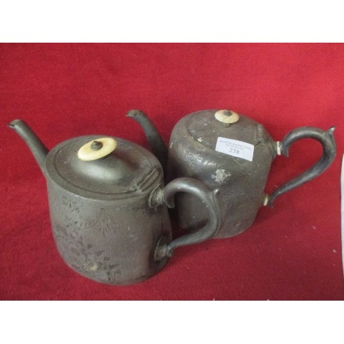 238 - 2 VINTAGE PEWTER TEA POTS WITH BONE KNOBS.