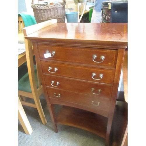 282 - EDWARDIAN MAHOGANY MUSIC CABINET, THE FOUR DRAWERS WITH DROP DOWN FRONTS, WITH SATINWOOD STRINGING