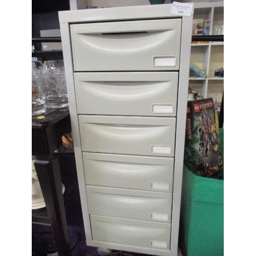 249 - SMALL FILING CABINET ON CASTORS. 6 DRAWERS.