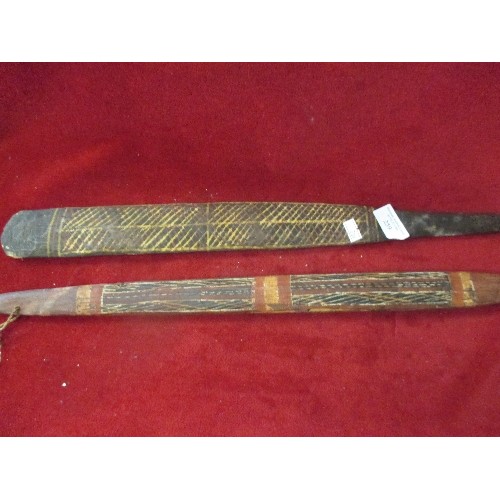 259 - 2 VINTAGE AFRICAN? (OR ABORIGINAL CLAPSTICKS?) NAIVELY DECORATED WOODEN ITEMS.