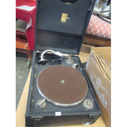 263 - VINTAGE PORTABLE GRAMMAPHONE/TURNTABLE [WORKING ORDER] WITH A BOX OF OLD 78RPM RECORDS.