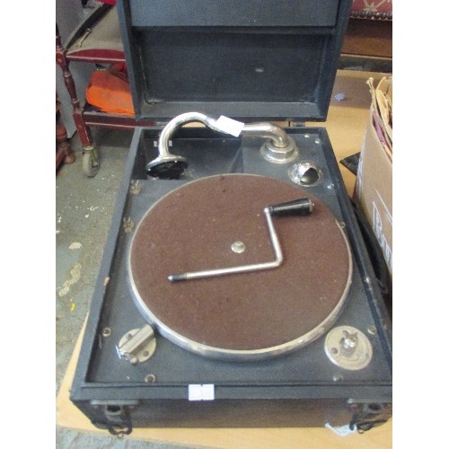 263 - VINTAGE PORTABLE GRAMMAPHONE/TURNTABLE [WORKING ORDER] WITH A BOX OF OLD 78RPM RECORDS.