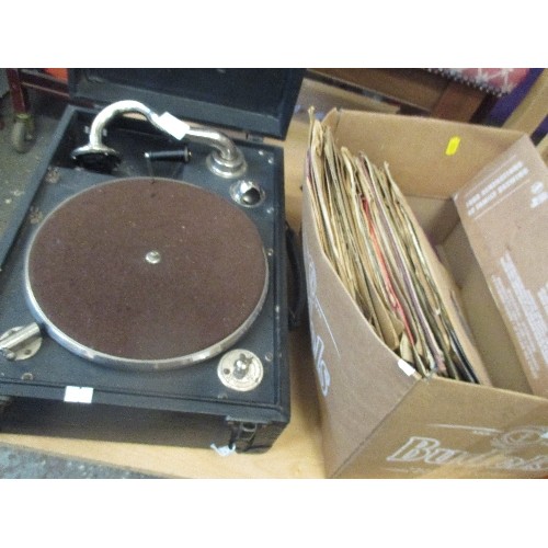 263 - VINTAGE PORTABLE GRAMMAPHONE/TURNTABLE [WORKING ORDER] WITH A BOX OF OLD 78RPM RECORDS.