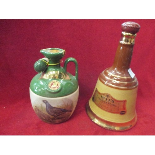 267 - COLLECTION OF BRANDED MINIATURES. ALSO A BELL SHAPED CERAMIC 'BELLS WHISKEY' AND A RUTHERFORDS CERAM... 