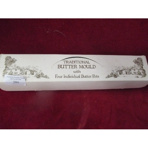 280 - TRADITIONAL BUTTER MOULD WITH FLOWER DESIGN AND FOUR INDIVIDUAL BUTTER PATS - BOXED