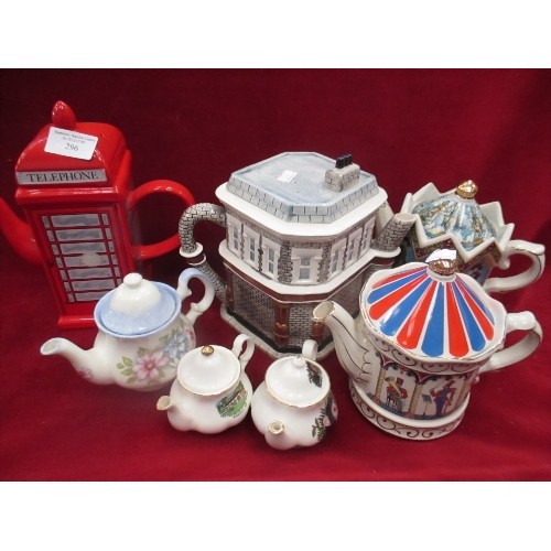 296 - COLLECTION OF TEAPOTS INC PRICE KENSINGTON TELEPHONE BOX, QUEEN VIC PUB, SADLER'S VICTORIAN ENTERTAI... 