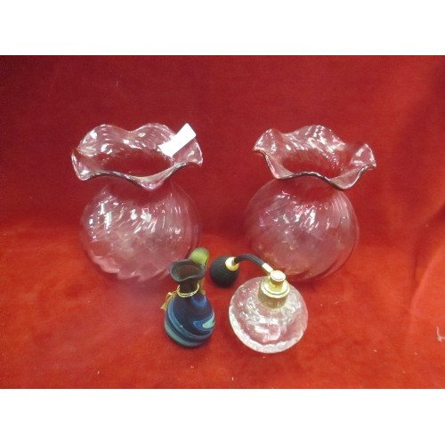 303 - COLLECTION OF GLASS INCLUDING PAIR OF CRANBERRY VASES, CUT GLASS, CONTEMPORARY STYLE CLEAR GLASS, AT... 