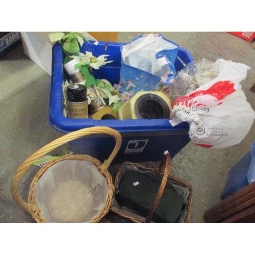 355 - BOX OF FLOWER ARRANGING ITEMS, 2 X CANS OF SPRAY GOLD, BASKETS, OASIS, ARTIFICIAL PLANT, GRAVESIDE F... 