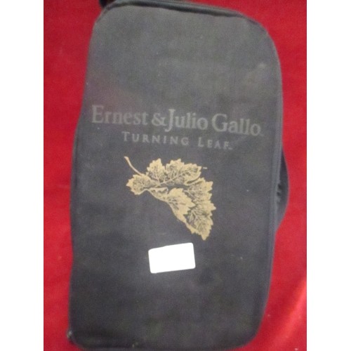 309 - ERNEST & JULIO GALLO WINE BOTTLE BAG WITH 2 GLASSES AND CORKSCREW, ALSO A DOME TOPPED WINE BOX