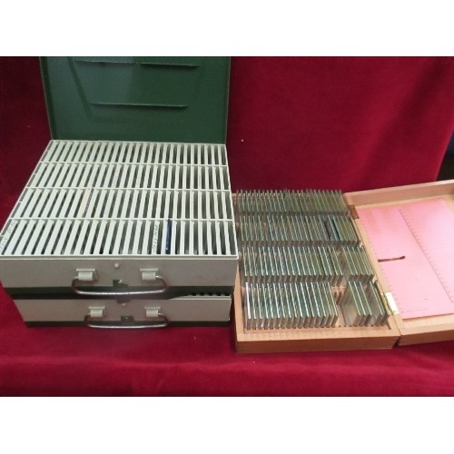 310 - 3 X PHOTOGRAPHIC SLIDE BOXES - THE WOODEN ONE WITH BLANK GLASS SLIDES