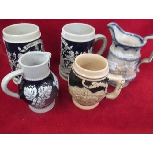 318 - 4 X GERMAN STEINS AND A VICTORIAN STONEWARE JUG WITH RAISED DESIGN OF ELEPHANT AND CAMEL