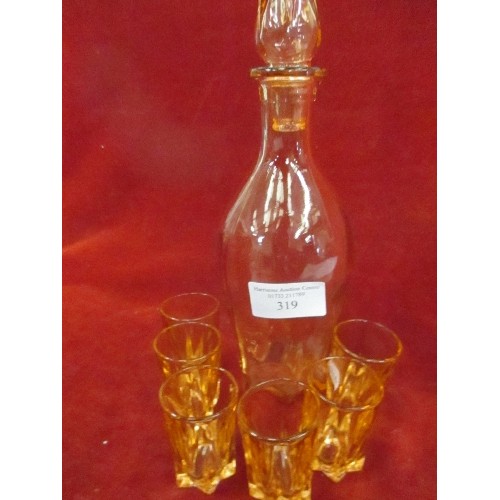 319 - PINK GLASS DECANTER AND 6 SHOT GLASSES