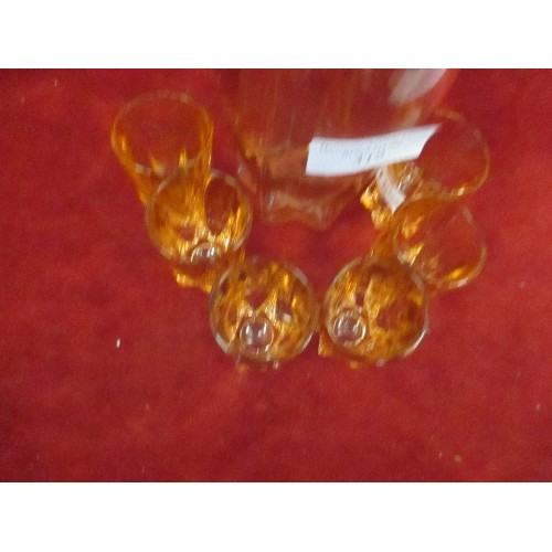 319 - PINK GLASS DECANTER AND 6 SHOT GLASSES