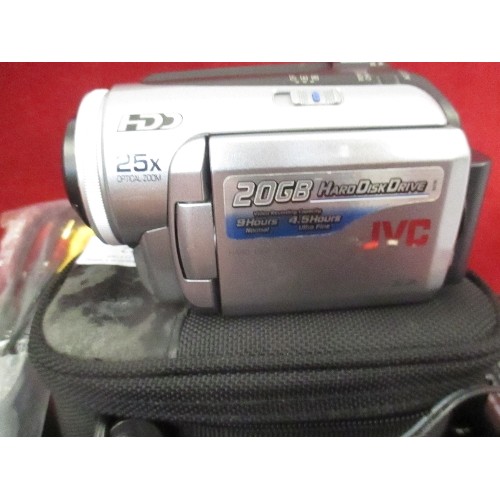 322 - JVC 20GB HARD DISK CAMCORDER WITH CASE AND QUANTITY OF POWER LEADS