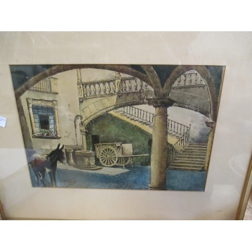 331 - FRAMED ETCHING OF A MEDITERRANEAN COURTYARD SCENE WITH DONKEY AND CART - FRAMED AND GLAZED - 60CM X ... 