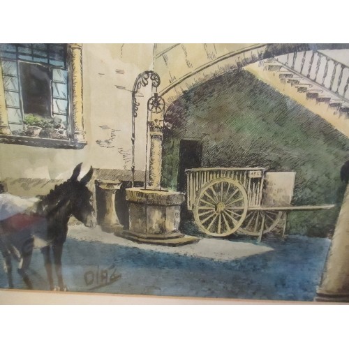 331 - FRAMED ETCHING OF A MEDITERRANEAN COURTYARD SCENE WITH DONKEY AND CART - FRAMED AND GLAZED - 60CM X ... 