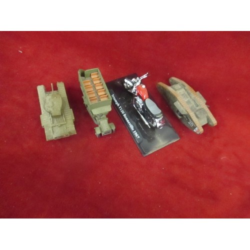 341 - CORGI CHURCHILL TANK AND MKIV MALE TANK, A 16TH AUX OMNIBUS AND A TRIUMPH T120 BONNEVILLE 1967 MOTOR... 