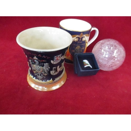 350 - ROYAL WORCESTER GOLDEN JUBILEE 2003 COMMEMORATIVE MUG WITH BOX TOGETHER WITH A GERMAN STONEWARE TANK... 