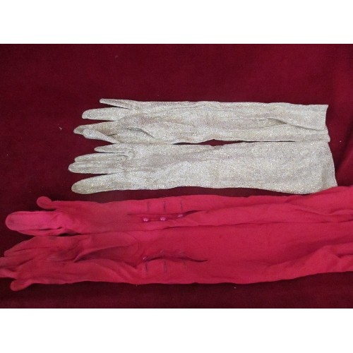 351 - TWO PAIRS OF VINTAGE LADIES LONG EVENING GLOVES - GOLD SPECKLE AND RASPBERRY COLOUR