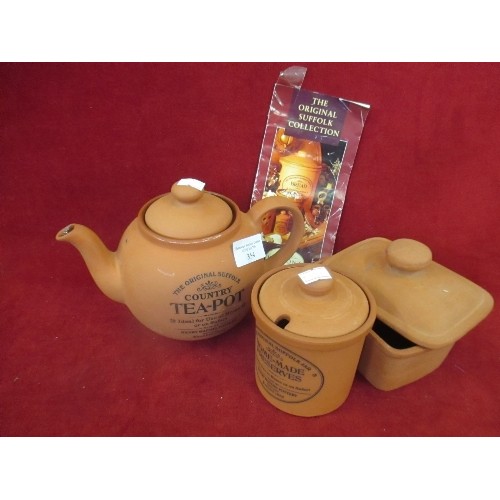 354 - HENRY WATSON'S POTTERIES TERRACOTTA TEAPOT, PRESERVE POT AND BUTTER DISH