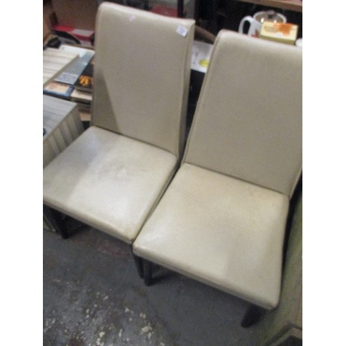 389 - PAIR OF VINTAGE CREAM LEATHER EFFECT UPHOLSTERED DINING CHAIRS WITH BLACK LEGS